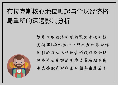 布拉克斯核心地位崛起与全球经济格局重塑的深远影响分析